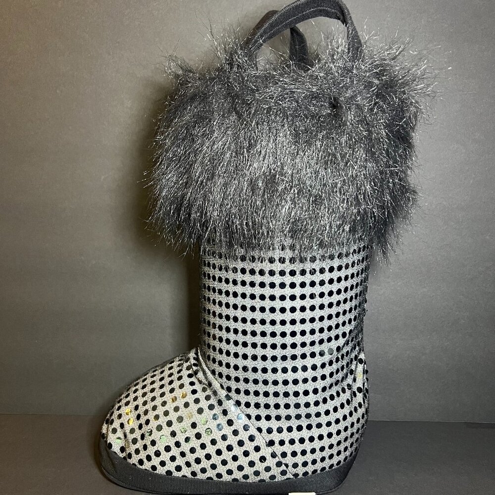 PTI Group 2014 Black Sparkle Polka Dot Faux Fur Boot Purse Tote Bag w/ Handles